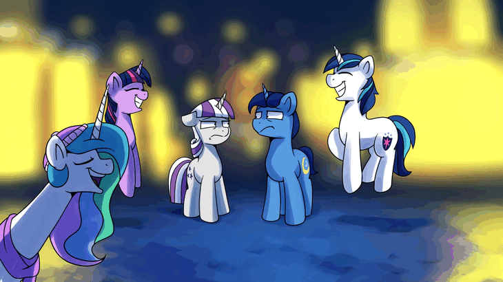 Size: 730x410 | Tagged: safe, artist:anticular, character:night light, character:princess celestia, character:shining armor, character:twilight sparkle, character:twilight sparkle (alicorn), character:twilight velvet, species:alicorn, species:pony, species:unicorn, animated, christmas, clothing, female, gif, hat, holiday, jumping, male, mare, scarf, stallion, youtube link