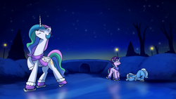 Size: 1920x1080 | Tagged: safe, artist:anticular, character:princess celestia, character:starlight glimmer, character:trixie, species:alicorn, species:pony, species:unicorn, celestia is amused, christmas, clothing, face down ass up, female, floppy ears, hat, holiday, ice, ice skating, mare, mittens, necc, night, scarf, starlight glimmer is amused, trixie is not amused, unamused, varying degrees of amusement, youtube link