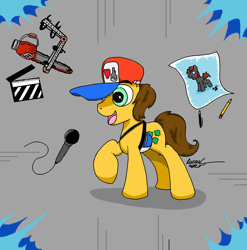 Size: 1288x1304 | Tagged: safe, artist:lucas_gaxiola, oc, oc only, oc:charmed clover, species:pony, chainsaw, clothing, drawing, hat, male, microphone, open mouth, pencil, raised hoof, signature, smiling, solo, stallion
