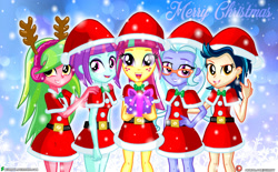 Size: 2000x1236 | Tagged: safe, artist:dieart77, character:indigo zap, character:lemon zest, character:sour sweet, character:sugarcoat, character:sunny flare, my little pony:equestria girls, christmas, clothing, costume, female, glasses, hat, holiday, looking at you, santa costume, santa hat, shadow five, snow