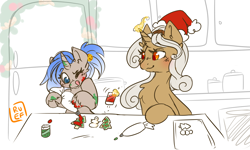 Size: 5000x3000 | Tagged: safe, artist:ruef, patreon reward, oc, oc only, oc:mach diamond, oc:rewind, parent:oc:delta dart, parent:oc:rewind, parents:oc x oc, species:pony, species:unicorn, christmas, christmas cookies, cloven hooves, cookie, duo, female, food, holiday, icing bag, interspecies offspring, mother and daughter, offspring, patreon