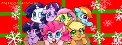 Size: 1920x720 | Tagged: safe, artist:oofycolorful, character:applejack, character:fluttershy, character:pinkie pie, character:rainbow dash, character:rarity, character:starlight glimmer, character:twilight sparkle, species:pony, alternate mane seven, box, christmas, colored pupils, cute, female, holiday, mane six, mare, open mouth, pixiv, pony in a box, smiling, snow, snowflake