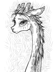 Size: 1000x1305 | Tagged: safe, artist:madhotaru, oc, oc only, oc:twiggy, abstract background, black and white, bust, giraffe, grayscale, monochrome, portrait, solo