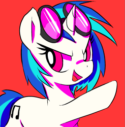 Size: 985x1000 | Tagged: safe, artist:mewball, character:dj pon-3, character:vinyl scratch, species:pony, species:unicorn, female, mare, open mouth, red background, simple background, solo