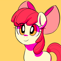 Size: 1280x1271 | Tagged: safe, artist:mewball, character:apple bloom, species:earth pony, species:pony, adorabloom, blank flank, cellshaded, cute, eye clipping through hair, female, filly, orange background, orange eyes, simple background, solo