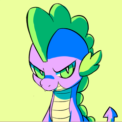 Size: 1280x1286 | Tagged: safe, artist:mewball, character:spike, species:dragon, bust, dragon greed, fangs, glare, green background, green eyes, looking at you, male, simple background, slit eyes, smiling, smirk, solo