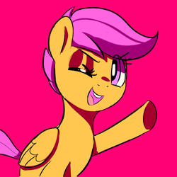 Size: 1280x1280 | Tagged: safe, artist:mewball, character:scootaloo, species:pegasus, species:pony, cute, cutealoo, female, filly, one eye closed, open mouth, pink background, simple background, solo, wink