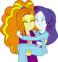 Size: 1280x1382 | Tagged: safe, artist:limedazzle, character:adagio dazzle, character:rarity, my little pony:equestria girls, adagity, adoragio, carrying, cute, eyes closed, eyeshadow, female, lesbian, makeup, midriff, raribetes, shipping, smiling