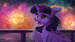 Size: 1920x1080 | Tagged: safe, artist:hierozaki, character:twilight sparkle, character:twilight sparkle (alicorn), species:alicorn, species:pony, female, fireworks, happy new year, happy new year 2020, holiday, mare, open mouth, solo