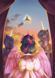 Size: 2896x4096 | Tagged: safe, artist:anticular, character:princess celestia, character:princess luna, character:twilight sparkle, character:twilight sparkle (alicorn), species:alicorn, species:pony, episode:the last problem, g4, my little pony: friendship is magic, bow, clothing, cloud, coronation dress, crown, dress, end of ponies, facing away, female, high res, jewelry, magic, mare, rear view, regalia, royal sisters, scene interpretation, second coronation dress, sky, spread wings, telekinesis, wings