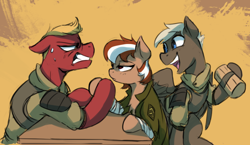 Size: 1024x593 | Tagged: safe, artist:anticular, oc, oc only, oc:ace (fallout equestria: red 36), oc:roulette, oc:twister (fallout equestria: red 36), species:earth pony, species:pegasus, species:pony, fallout equestria, arm wrestling, armor, cider, cider mug, clothing, fallout equestria: red 36, fanfic art, female, hoof wrestle, jacket, male, mare, mug, ncr, new canterlot republic, simple background, stallion, strong, struggling, sweat, table, uniform
