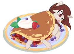 Size: 1175x859 | Tagged: safe, artist:ipandacakes, base used, oc, oc:pancake, species:pony, species:unicorn, female, food, horse meat, mare, meat, one eye closed, pancakes, ponies in food, pony as food, solo, tongue out, wink
