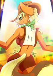Size: 1358x1920 | Tagged: safe, artist:rariedash, character:applejack, species:anthro, species:earth pony, species:pony, applejack's hat, back, breasts, busty applejack, clothing, cowboy hat, cutie mark, female, hat, looking at you, looking back, looking back at you, looking over shoulder, mare, solo, stetson
