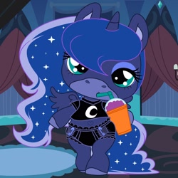 Size: 1600x1600 | Tagged: safe, artist:evilfrenzy, character:princess luna, species:alicorn, species:pony, bipedal, black diaper, clothing, diaper, female, poopsie slime surprise, poopsie surprise unicorn, safety pins, shirt, slushie, solo, style emulation