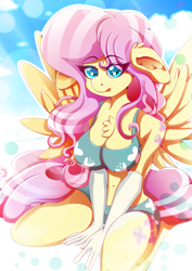 Size: 1357x1920 | Tagged: safe, artist:rariedash, character:fluttershy, species:anthro, species:pegasus, species:pony, breasts, busty fluttershy, cleavage, cutie mark, female, looking at you, smiling, solo