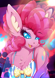 Size: 1358x1920 | Tagged: safe, artist:rariedash, character:pinkie pie, species:anthro, species:earth pony, species:pony, alternative cutie mark placement, breasts, chest fluff, cleavage, cleavage fluff, clothing, cutie mark on shoulder, ear fluff, eyes closed, female, looking at you, mare, open mouth, shoulder cutie mark, smiling, solo