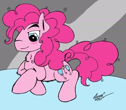 Size: 2048x1789 | Tagged: safe, artist:lucas_gaxiola, character:pinkie pie, species:earth pony, species:pony, blushing, bubble berry, male, prone, rule 63, signature, solo, stallion