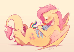Size: 1955x1377 | Tagged: safe, artist:imalou, character:fluttershy, character:rainbow dash, species:dragon, species:pegasus, species:pony, ship:flutterdash, blushing, dragoness, dragonified, duo, female, flutterdragon, gradient background, heart, hug, lesbian, lying down, lying on top of someone, mare, on back, prone, shipping, simple background, size difference, sleeping, snuggling, species swap