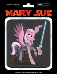 Size: 2550x3300 | Tagged: safe, artist:samoht-lion, oc, oc only, oc:mary sue, species:alicorn, species:pony, alicorn oc, bandage, clothing, crossover, female, glowing horn, horn, lightsaber, magic, mare, raised hoof, solo, star wars, telekinesis, weapon