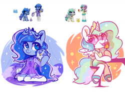 Size: 1600x1200 | Tagged: safe, artist:oofycolorful, character:princess celestia, character:princess luna, species:alicorn, species:anthro, species:bird, species:owl, species:pony, species:unguligrade anthro, my little pony:equestria girls, arm hooves, chibi, cute, female, food, kneeling, looking at you, mare, popsicle, royal sisters, siblings, sisters, sitting, smiling, tongue out, toy
