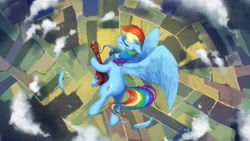 Size: 2560x1440 | Tagged: safe, artist:anticular, character:rainbow dash, species:pegasus, species:pony, bird's eye view, cloud, cloudy, eyes closed, feather, female, field, flying, guitar, mare, musical instrument, overhead view, scenery, solo, song art, wings