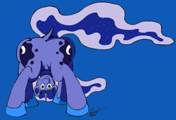 Size: 1992x1356 | Tagged: safe, artist:lucas_gaxiola, character:princess luna, species:alicorn, species:pony, both cutie marks, butt, dock, ethereal mane, featureless crotch, female, framed by legs, galaxy mane, hoof shoes, looking at you, looking between legs, mare, moonbutt, signature, simple background, smiling, solo