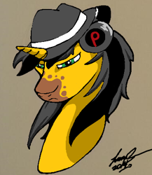 Size: 370x426 | Tagged: safe, artist:lucas_gaxiola, oc, oc only, species:pony, species:unicorn, bust, clothing, fedora, hat, headphones, horn, male, signature, simple background, stallion, unicorn oc