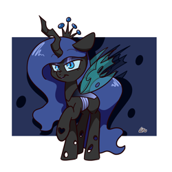 Size: 1500x1500 | Tagged: safe, artist:lou, oc, oc:queen noctuidae, species:changeling, blue changeling, blue eyes, changeling oc, changeling queen, changeling queen oc, commission, crown, female, jewelry, long mane, regalia, simple background, solo