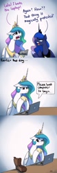 Size: 1200x3600 | Tagged: safe, artist:anticular, character:princess celestia, character:princess luna, species:alicorn, species:pony, ask sunshine and moonbeams, annoyed, boot, comic, computer, crown, crying, dialogue, duo, female, jewelry, laptop computer, literal minded, mare, open mouth, peytral, pun, regalia, royal sisters, sillestia, silly