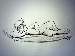 Size: 816x612 | Tagged: safe, artist:lucas_gaxiola, oc, species:earth pony, species:pony, armpits, draw me like one of your french girls, lineart, male, monochrome, pillow, signature, smiling, stallion, traditional art