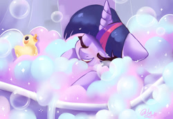 Size: 1600x1100 | Tagged: safe, artist:oofycolorful, character:twilight sparkle, character:twilight sparkle (alicorn), species:alicorn, species:pony, g4, bath, blushing, bubble, bubble bath, cute, eyes closed, female, floppy ears, mare, open mouth, rubber duck, signature, solo, twiabetes