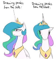 Size: 808x843 | Tagged: safe, artist:anticular, character:princess celestia, species:alicorn, species:pony, comparison, derp, female, front view, full face view, hoers, jewelry, majestic as fuck, mare, peytral, princess celestia is a horse, profile, realistic, regalia, side view, simple background, sitting, solo, text, truth, wall eyed, wat, white background