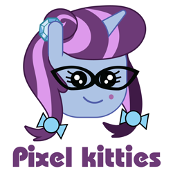 Size: 6000x6000 | Tagged: safe, artist:samoht-lion, oc, oc only, oc:pixelkitties, species:pony, species:unicorn, bow, bust, glasses, hair bow, horn, simple background, smiling, text, unicorn oc, white background