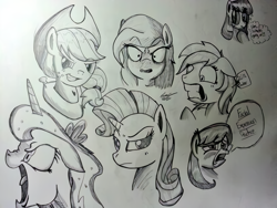 Size: 816x612 | Tagged: safe, artist:lucas_gaxiola, character:applejack, character:princess luna, character:rarity, species:alicorn, species:earth pony, species:pony, species:unicorn, angry, bust, clothing, expressions, grayscale, grin, hat, monochrome, smiling, smirk, traditional art, yoke