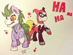 Size: 816x612 | Tagged: safe, artist:lucas_gaxiola, species:pony, clothing, clown, duo, female, harley quinn, hat, male, mare, ponified, raised hoof, signature, stallion, text, the joker, traditional art, unshorn fetlocks