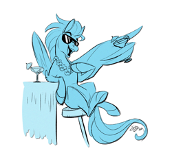 Size: 1649x1555 | Tagged: safe, artist:probablyfakeblonde, oc, oc only, oc:andrew swiftwing, species:pegasus, species:pony, bar, celebrity, chillaxing, lei, male, open mouth, sitting, solo, stool, sunglasses, tropical drink, umbrella drink, vacation mode, wings