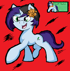Size: 1496x1520 | Tagged: safe, artist:lucas_gaxiola, oc, oc:swift sketch, species:pony, species:unicorn, abstract background, female, flower, flower in hair, mare, open mouth, raised hoof, signature, smiling