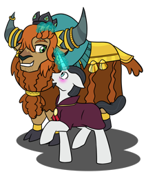 Size: 1280x1506 | Tagged: safe, artist:jolliapplegirl, character:chancellor neighsay, character:prince rutherford, species:pony, species:unicorn, species:yak, blushing, gay, interspecies, male, shipping, simple background, stallion, transparent background