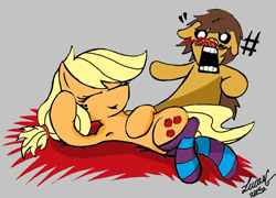 Size: 968x696 | Tagged: safe, artist:lucas_gaxiola, character:applejack, oc, oc:charmed clover, species:earth pony, species:pony, :o, armpits, blood, clothing, draw me like one of your french girls, explosive nosebleed, eyes closed, female, grayscale, lying down, male, mare, nosebleed, not caramel, open mouth, signature, socks, stallion, striped socks