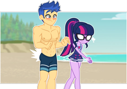 Size: 4000x2792 | Tagged: safe, artist:orin331, character:flash sentry, character:twilight sparkle, character:twilight sparkle (scitwi), species:eqg human, ship:flashlight, my little pony:equestria girls, abs, beach, blushing, clothing, duo, female, glasses, male, role reversal, sciflash, shipping, spanking, straight, swimsuit