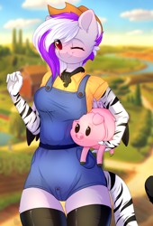 Size: 2040x3000 | Tagged: safe, artist:alphadesu, oc, oc only, species:anthro, species:pegasus, species:pony, anthro oc, clothing, cowboy hat, farmer, female, hat, mare, one eye closed, overalls, pig, smiling, solo, wink
