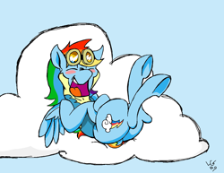 Size: 1744x1344 | Tagged: safe, artist:lucas_gaxiola, character:rainbow dash, species:pegasus, species:pony, blush sticker, blushing, clothing, cloud, female, goggles, laughing, mare, on a cloud, on back, open mouth, signature, solo, underhoof, uniform, wonderbolt trainee uniform