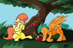 Size: 1064x696 | Tagged: safe, artist:lucas_gaxiola, character:fluttershy, oc, species:pegasus, species:pony, bowing, canon x oc, engagement ring, eyes closed, female, male, mare, marriage proposal, ring, shipping, signature, stallion, straight, tree