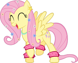 Size: 4832x3907 | Tagged: safe, artist:ironm17, character:fluttershy, species:pegasus, species:pony, excited, female, flower, flower in hair, happy, jewelry, necklace, simple background, solo, spread wings, transparent background, vector, wings, wristband