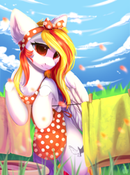 Size: 2048x2732 | Tagged: safe, artist:alphadesu, oc, oc only, species:pegasus, species:pony, apron, bipedal, clothing, cloud, female, housewife, laundry, mare, naked apron, pegasus oc, solo, wings, ych result