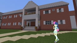 Size: 1334x750 | Tagged: safe, artist:razethebeast, edit, editor:topsangtheman, character:bon bon, character:sweetie drops, my little pony:equestria girls, female, game screencap, houses, looking at you, minecraft, photoshop