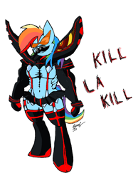 Size: 1528x1968 | Tagged: safe, artist:lucas_gaxiola, character:rainbow dash, species:anthro, species:pegasus, species:pony, species:unguligrade anthro, armor, crossover, female, kill la kill, simple background, solo, sunglasses, text, white background