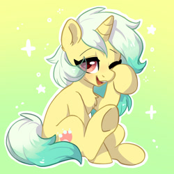 Size: 1800x1800 | Tagged: safe, artist:oofycolorful, oc, oc only, oc:mistylite, species:pony, species:unicorn, blushing, chest fluff, commission, cute, eye clipping through hair, female, mare, one eye closed, open mouth, rubbing eyes, sitting, solo, waking up