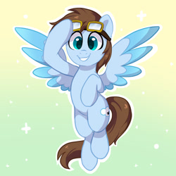 Size: 1800x1800 | Tagged: safe, artist:oofycolorful, oc, oc only, oc:cloud hop, species:pegasus, species:pony, abstract background, colored wings, colored wingtips, flying, goggles, looking at you, multicolored wings, simple background, smiling, solo, spread wings, wings
