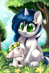 Size: 1200x1800 | Tagged: safe, artist:oofycolorful, oc, oc only, oc:muffinkarton, species:goat, species:pony, species:unicorn, chest fluff, commission, female, floral head wreath, flower, grass, mare, plushie, scenery, sitting, smiling, tree